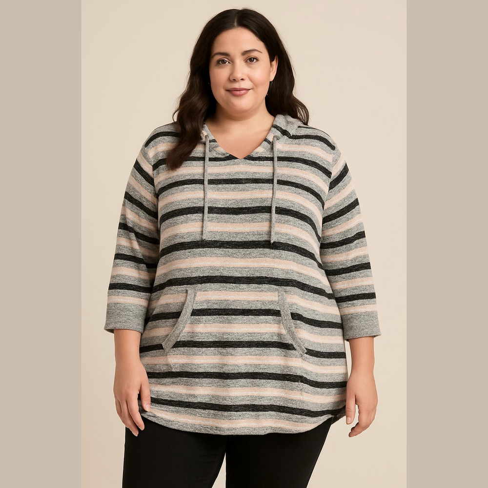 DB Sunday Striped Hooded Knit Pullover Gray Black Pink